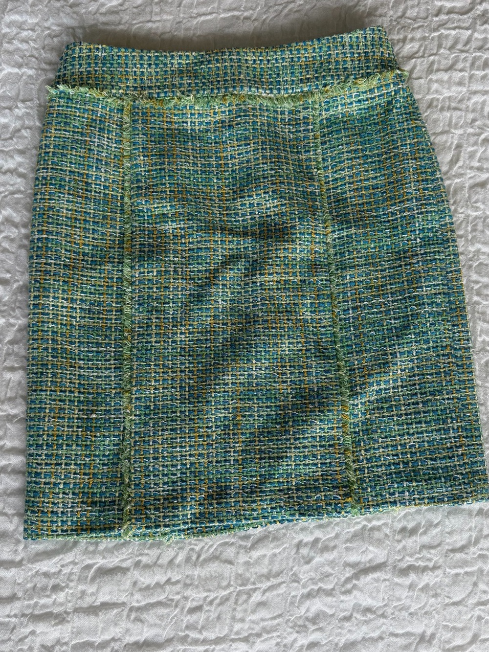 J McLaughlin Tweed A Line Skirt Teal Green Fringe Trim Lined Size 4 - Picture 2 of 12
